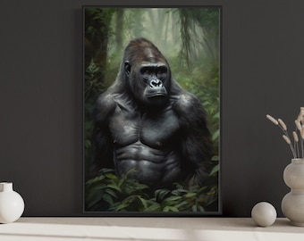Gorilla Wall Art, Gorilla in The Jungle Portrait Painting Canvas Print, Game Room Decor, Man Cave Art,  Framed Unframed Ready To Hang