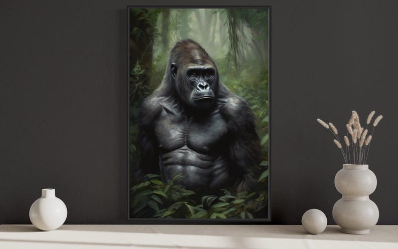 A framed painting of a gorilla is displayed on a wall, surrounded by a vase of dried flowers and a small white sculpture.