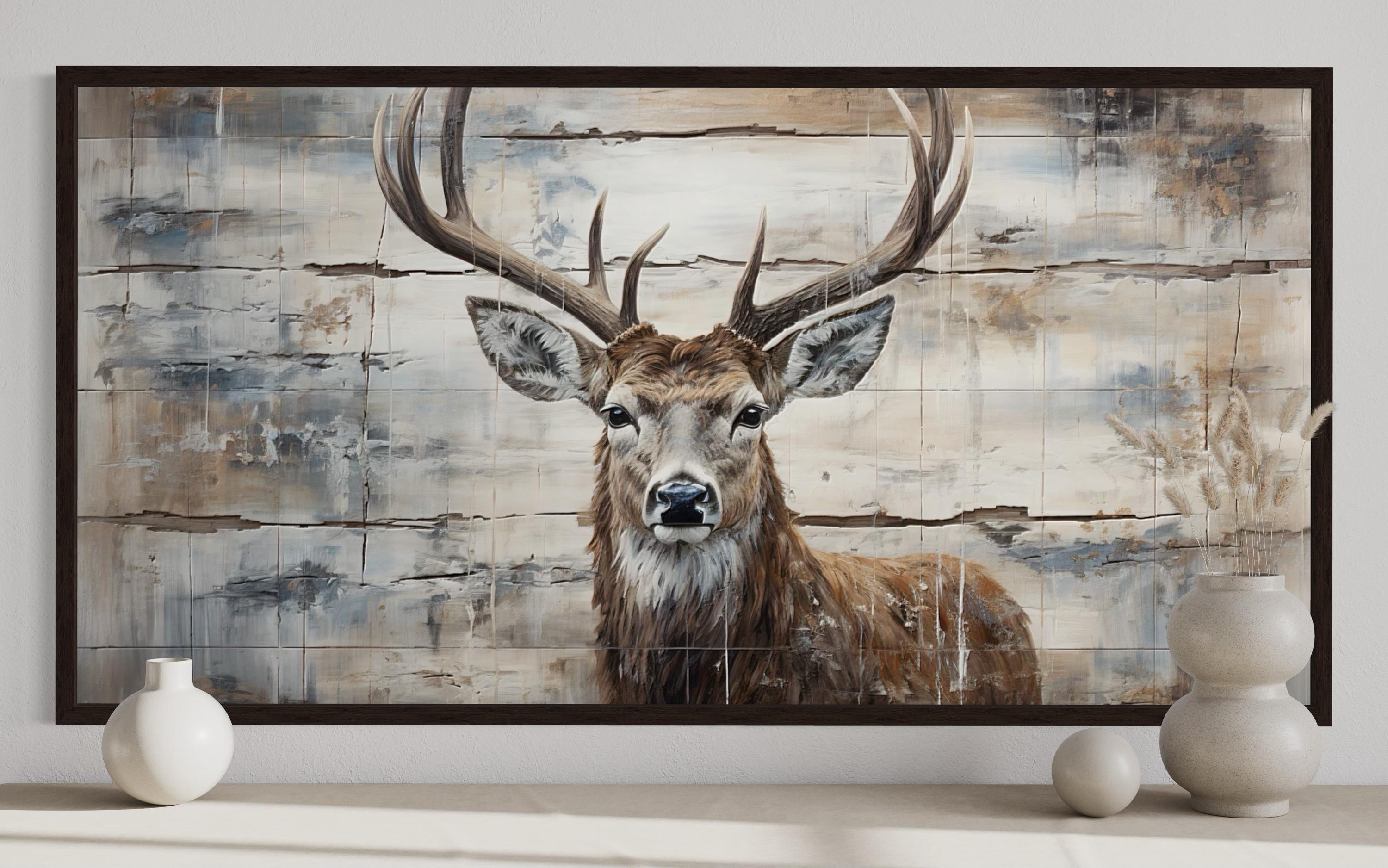 Deer Painting on Wood Canvas Print Extra Large Farmhouse Wall Art, Elk ...
