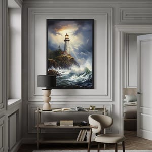 a serene and elegant living room with a large painting of a lighthouse on the wall, a bookshelf, and a chair.
