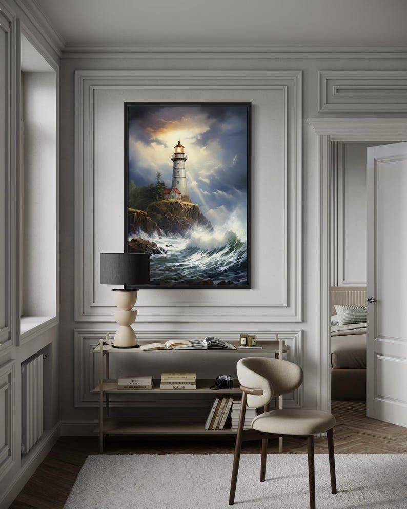 a serene and elegant living room with a large painting of a lighthouse on the wall, a bookshelf, and a chair.
