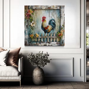 a living room with a large painting of a rooster on the wall, a couch, a vase of flowers, and a dining table with chairs in the background.