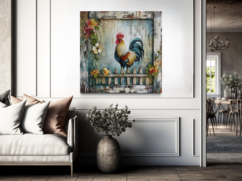 a living room with a large painting of a rooster on the wall, a couch, a vase of flowers, and a dining table with chairs in the background.