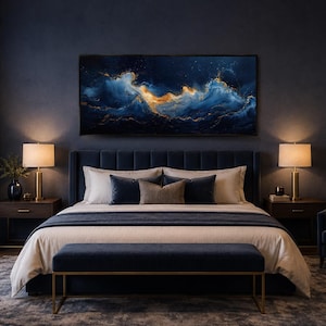 Abstract Navy Blue Gold Ocean Wave Painting Canvas PRINT, Minimalist Modern Ocean At Night Wall Art, Seascape, Art For Mens Bed image 1
