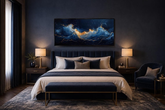 Abstract Navy Blue Gold Ocean Wave Painting Canvas PRINT, Minimalist Modern Ocean At Night Wall Art, Seascape, Art For Mens Bed