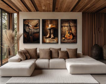 Set of 3 Western Wall Art, Cowboy Wall Decor - Horse Saddle, Boots And Hat And Country Guitar Painting Canvas Print Ready To Hang