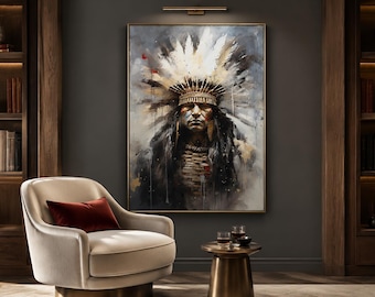May include: A framed wall art print depicting a portrait of a person wearing a large, detailed feathered headdress. The artwork features a muted colour palette with dark tones, white highlights, and subtle red accents, presented in a gold frame.