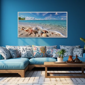 Coastal Wall Decor Starfish And Seashells On The Beach Painting Canvas PRINT, Framed Ready To Hang