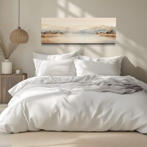 Neutral Beige Watercolor Over Bed Wall Art - Mountains Lake Painting Canvas PRINT, Minimalist Panoramic Bedroom Wall Decor Ready To Hang