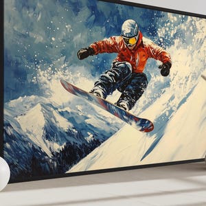 Snowboarder Sliding Down Slope In Snowy Mountains Painting Canvas PRINT, Snowboarding Wall Art, Winter Sports Wall Decor, Ready To Hang