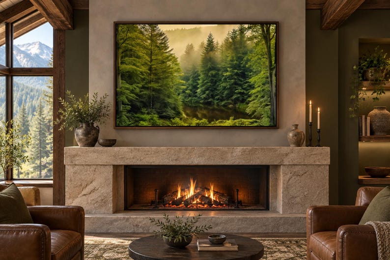 May include: A rectangular framed wall art print depicting a dense green forest with a calm river and misty atmosphere, mounted above a stone fireplace with a burning fire, flanked by two brown leather armchairs and a round wooden table.