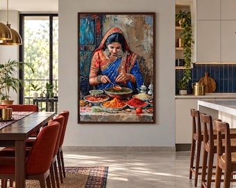 May include: A framed wall art print depicting a person wearing a blue and orange traditional garment, adorned with large earrings, preparing food in a kitchen. The scene features bowls of colorful spices, including yellow and red powders, on a table.