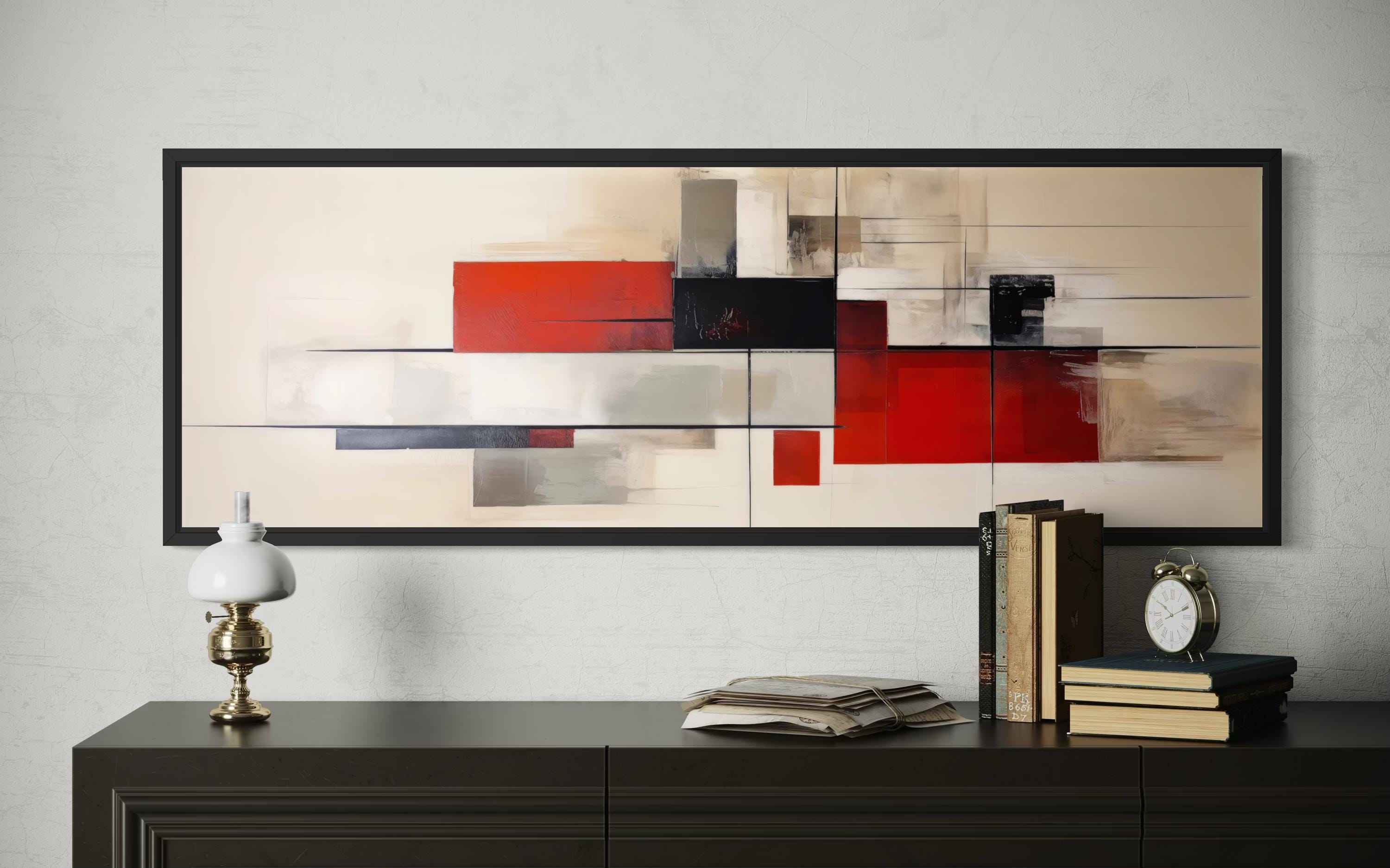 Mid Century Modern Abstract Wall Art Horizontal Canvas Print, Red Beige ...