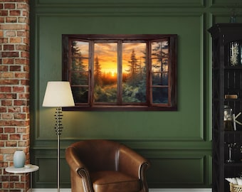 Window View Canvas, Forest View From Open Rustic Cabin Window Painting, Lodge Decor  Wall Art Print Ready To Hang, Housewarming Gift