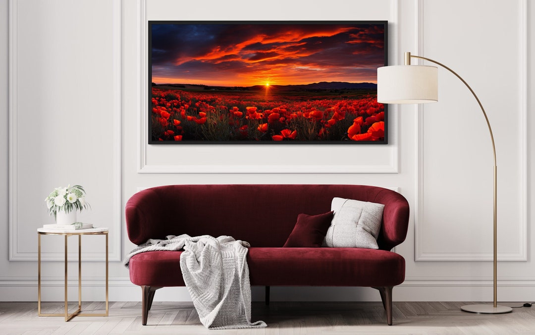 Red Wall Art Poppies Wildflowers Field at Sunset Painting Canvas Print ...