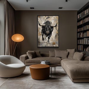Charging Bull Wall Art, Black Bull Abstract Painting Canvas Print, Manly Modern Wall Decor, Vertical Canvas Framed Ready To Hang