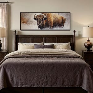American Buffalo Or Bison Long Horizontal Painting Printed On Long Panoramic Canvas - Framed Ready To Hang