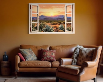 Window View Wall Art, Arizona Desert With Agave Plants Painting Canvas PRINT, Southwestern Landscape Wall Art Print Ready To Hang