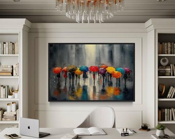 People With Umbrellas In Rainy City Wall Art, Abstract Grey Splash Of Color Painting Canvas PRINT, Modern Living Room Decor Ready to Hang