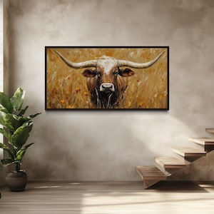 Longhorn Canvas Wall Art, Rustic Farmhouse Western Bull Painting In Tall Grass, Neutral Brown Living Room Decor Framed Ready To Hang