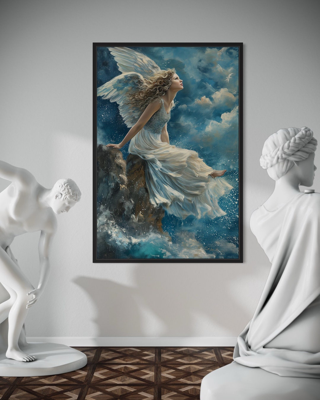 Beautiful Angel in Heaven Wall Art, Angel Sitting on Top A Mountain ...