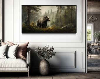 Brown Grizzly Bear Foggy Forest Painting Canvas PRINT, Bear Wall Art, Lodge Decor, Rustic Cabin Wall Decor, Extra Large Animal Wall Art