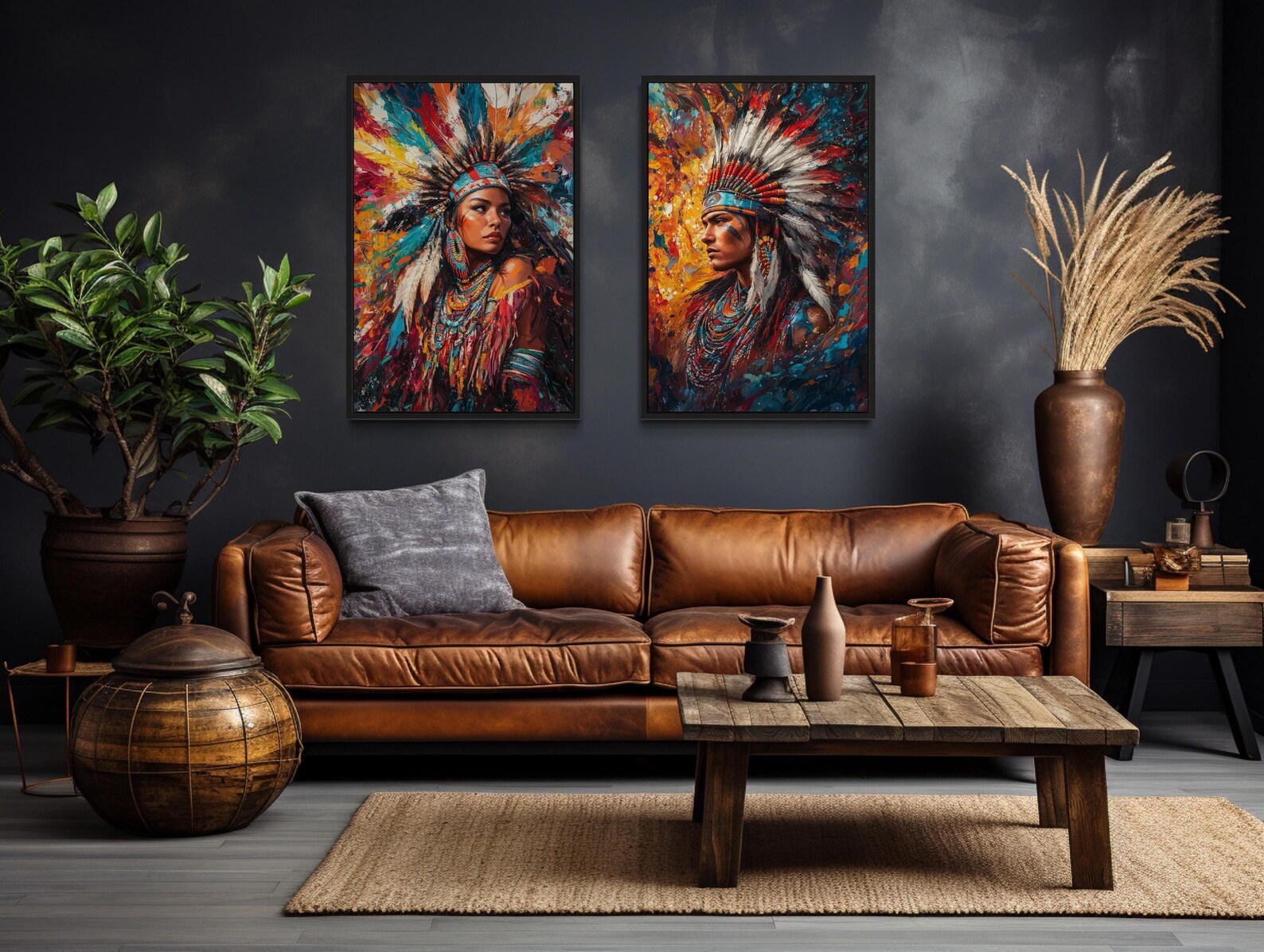 Set of 2 Native American Wall Art - Colorful Tribal Portraits of ...