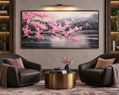 さ*び様 【直輸入】Jacaranda PINK & BLACK Vinyls Pink Cherry Blossom on Black Abstract Landscape Painting Canvas