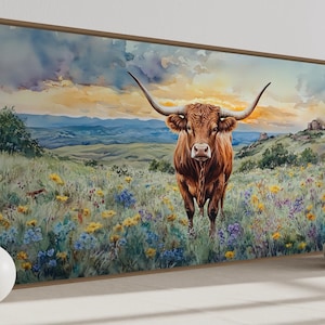 Texas Longhorn Cow In Wildflowers Field Extra Large Wall Art, Farmhouse, Living Room Art Oil Painting Printed On Canvas Framed Ready To Hang