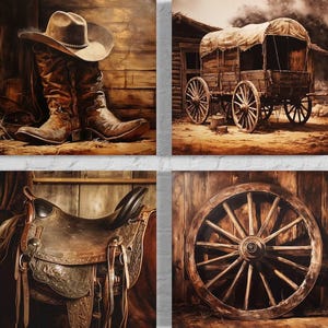 The image is a collage of four pictures depicting various cowboy-themed items, including boots, a wagon, a saddle, and a wheel.
