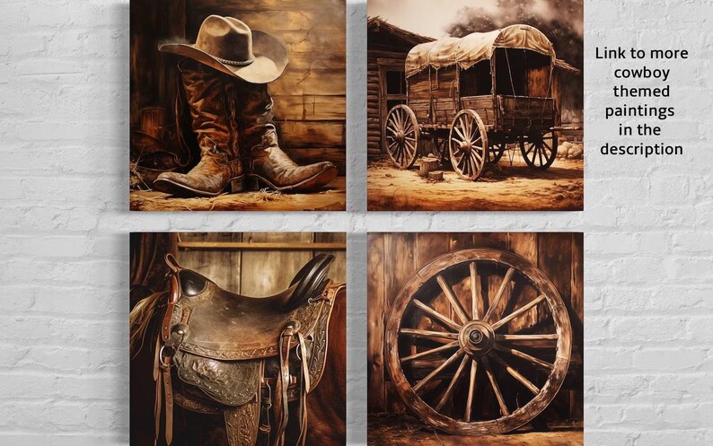 The image is a collage of four pictures depicting various cowboy-themed items, including boots, a wagon, a saddle, and a wheel.