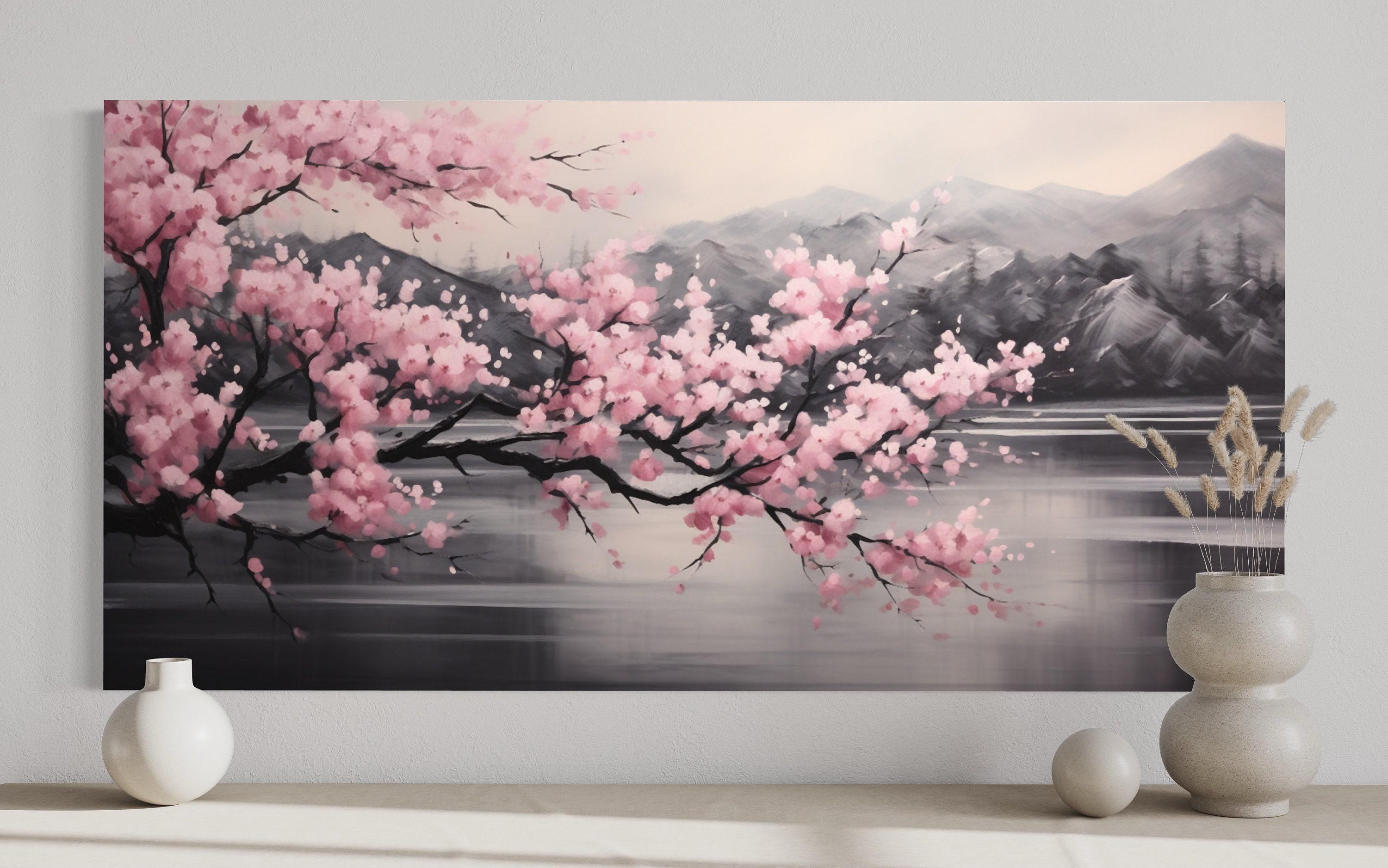 Pink Cherry Blossom on Black Abstract Landscape Painting Canvas