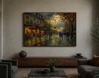 Rainy Paris Street With Eiffel Tower Painting Canvas Print