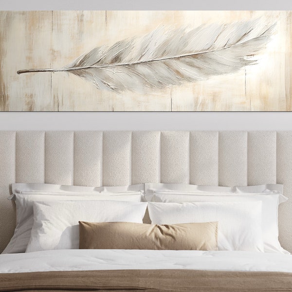 Rustic Horizontal Wall Art, Above Bed Decor White Feather Painting On Distressed Wood Canvas Print Farmhouse Wall Art Framed Ready To Hang