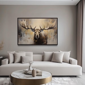 Moose Portrait Painting Canvas PRINT, Neutral Beige Gray Moose Wall Art, Farmhouse, Cabin Wall Decor, Framed Unframed Ready to Hang