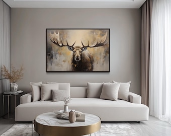 Moose Portrait Painting Canvas PRINT, Neutral Beige Gray Moose Wall Art, Farmhouse, Cabin Wall Decor, Framed Unframed Ready to Hang