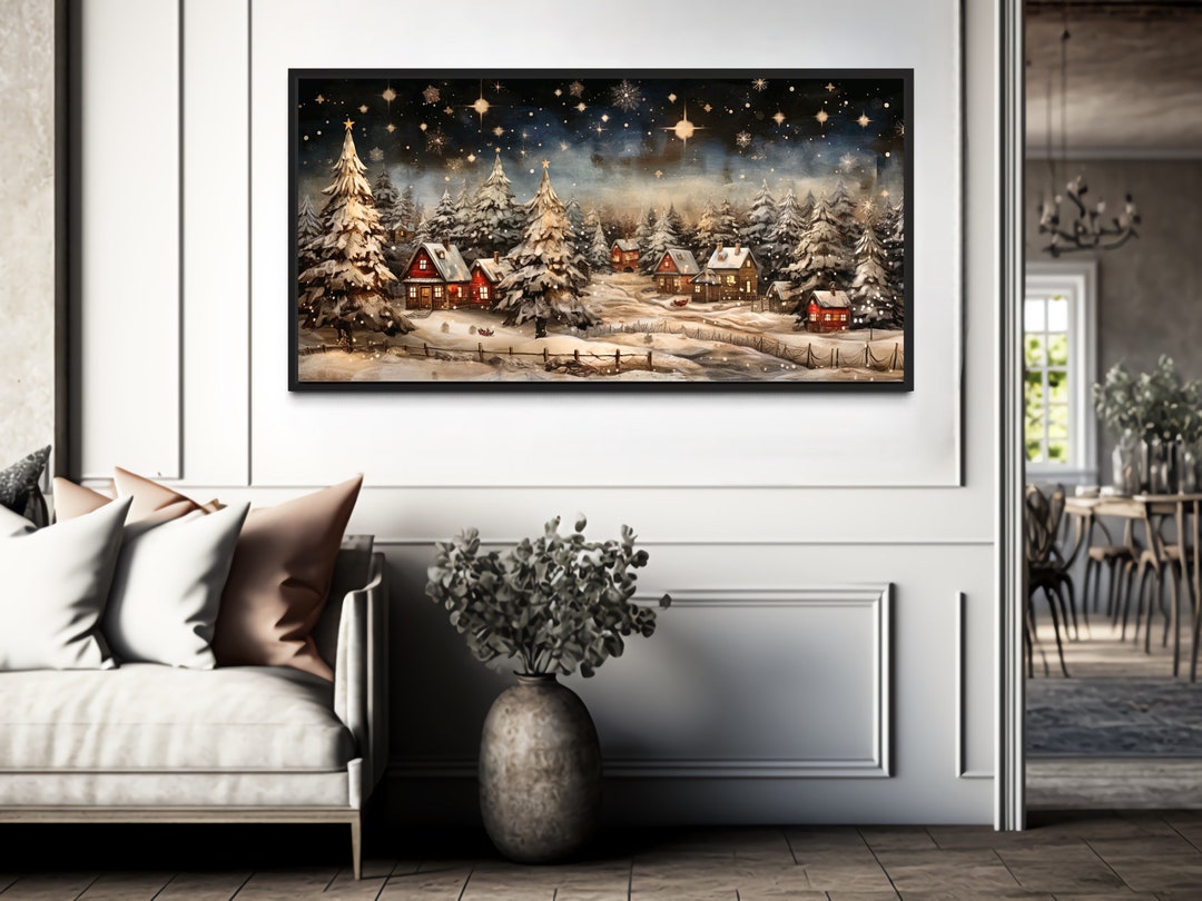 Winter Wall Art Farmhouse Snow Covered Winter Village at Night Painting ...