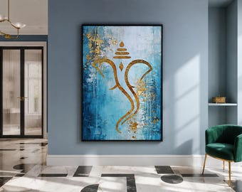 Blue Gold Minimalist Lord Ganesha Wall Art, Indian Deity, Hindu God Decor Ganapati Abstract Painting Canvas PRINT,  Framed Ready To Hang