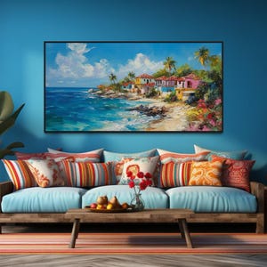 Dominican Republic Beach Painting Canvas Wall Art Print, Colorful Caribbean Coast Village Scene, Framed Ready To Hang