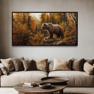 Brown Bear In The Forest Wall Art, Grizzly Bear Painting Canvas PRINT, Wildlife For Cabin Wall Decor, Framed Ready To Hang
