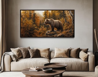 Brown Bear In The Forest Wall Art, Grizzly Bear Painting Canvas PRINT, Wildlife For Cabin Wall Decor, Framed Ready To Hang