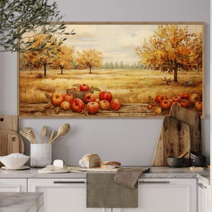 Autumn Apple Orchard Painting on Wood Effect Canvas PRINT, Fruit Wall Art For Kitchen, Rustic Farmhouse Wall Decor Framed Ready To Hang