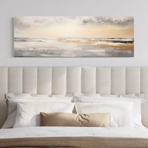 Over Bed Wall Art Gold And Silver Abstract Beach Sunset Minimalist Painting Canvas PRINT, Long Horizontal Panoramic Artwork Ready To Hang