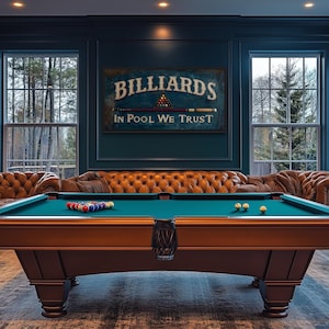 Billiards Sign Wall Art In Pool We Trust Retro Sign, Rustic Billiards Room Wall Art, Wooden Effect Painting Canvas Print Ready To Hang