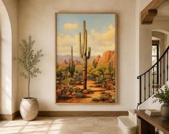 Saguaro Cactus Painting, Sonoran Desert Arizona Vertical Canvas Print - Southwestern Landscape Wall Art Framed Unframed Ready To Hang