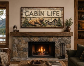 Cabin Sign Wall Art, Bear And Log Cabin Painting On Wood Printed on Canvas, Rustic Cabin Wall Decor, Framed Ready To Hang