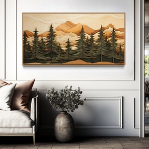 Fir Tree Forest Painting Wood Panel Effect Printed on Canvas, Farmhouse Rustic Wall Decor, Framed Ready To Hang