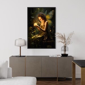 a living room with a large framed painting of a fairy on the wall, a lamp on a side table, a couch, and a dining table with chairs.