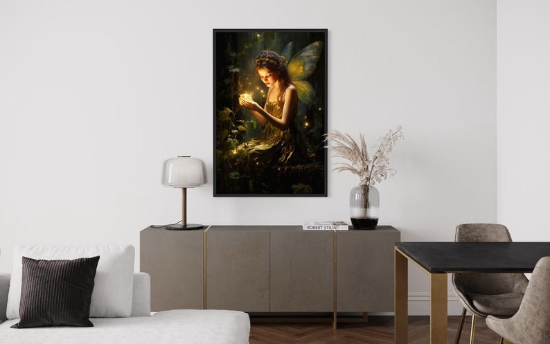 a living room with a large framed painting of a fairy on the wall, a lamp on a side table, a couch, and a dining table with chairs.