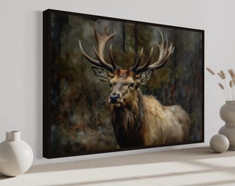 Vintage Deer In The Forest Wall Art, Wildlife Painting, Forest Animals For Cabin Decor, Framed Ready to Hang